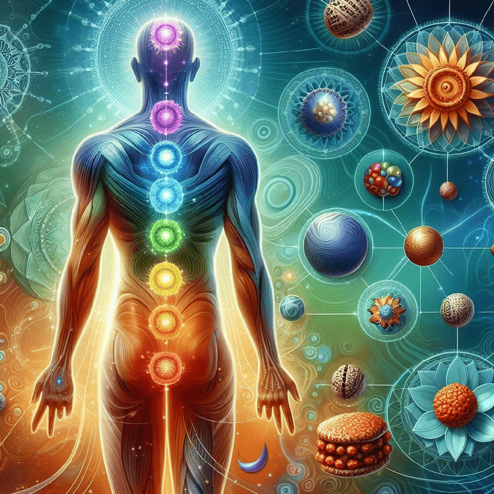 human energy body with chakras and Rudraksha